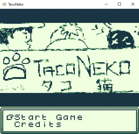 TacoNeko title screen with hand-drawn art, the TacoNeko logo with a paw-print taco icon and Japanese characters, and a Start Game and Credits menu